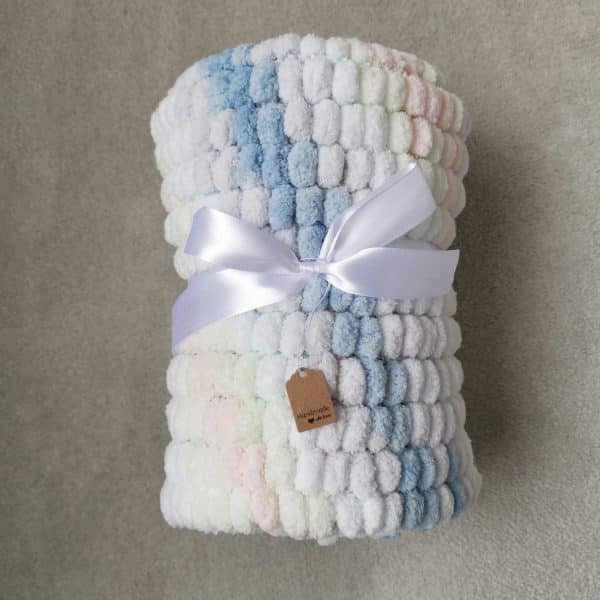 Pastel Blue, Lime, White and Peach Pom Pom Blanket, Tiny Toes Baby Boutique Trowbridge