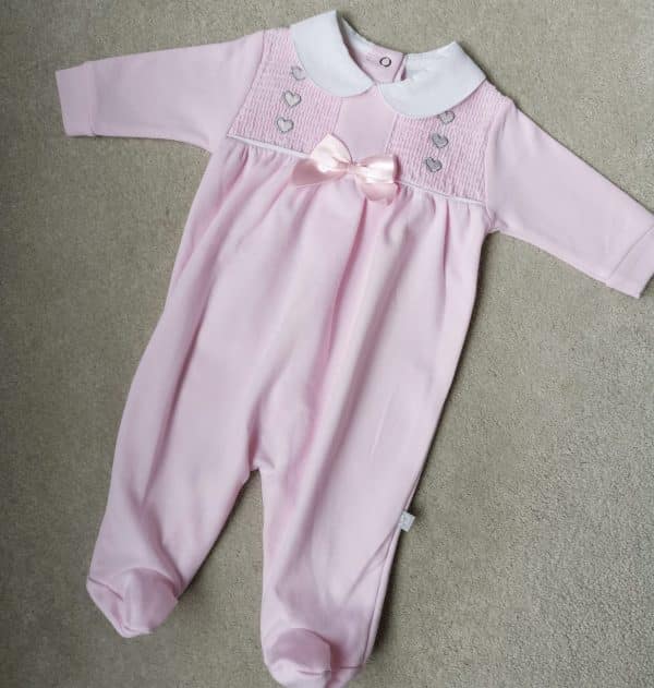 Smocked Pink Bow Sleepsuit, Tiny Toes Baby Boutique Trowbridge