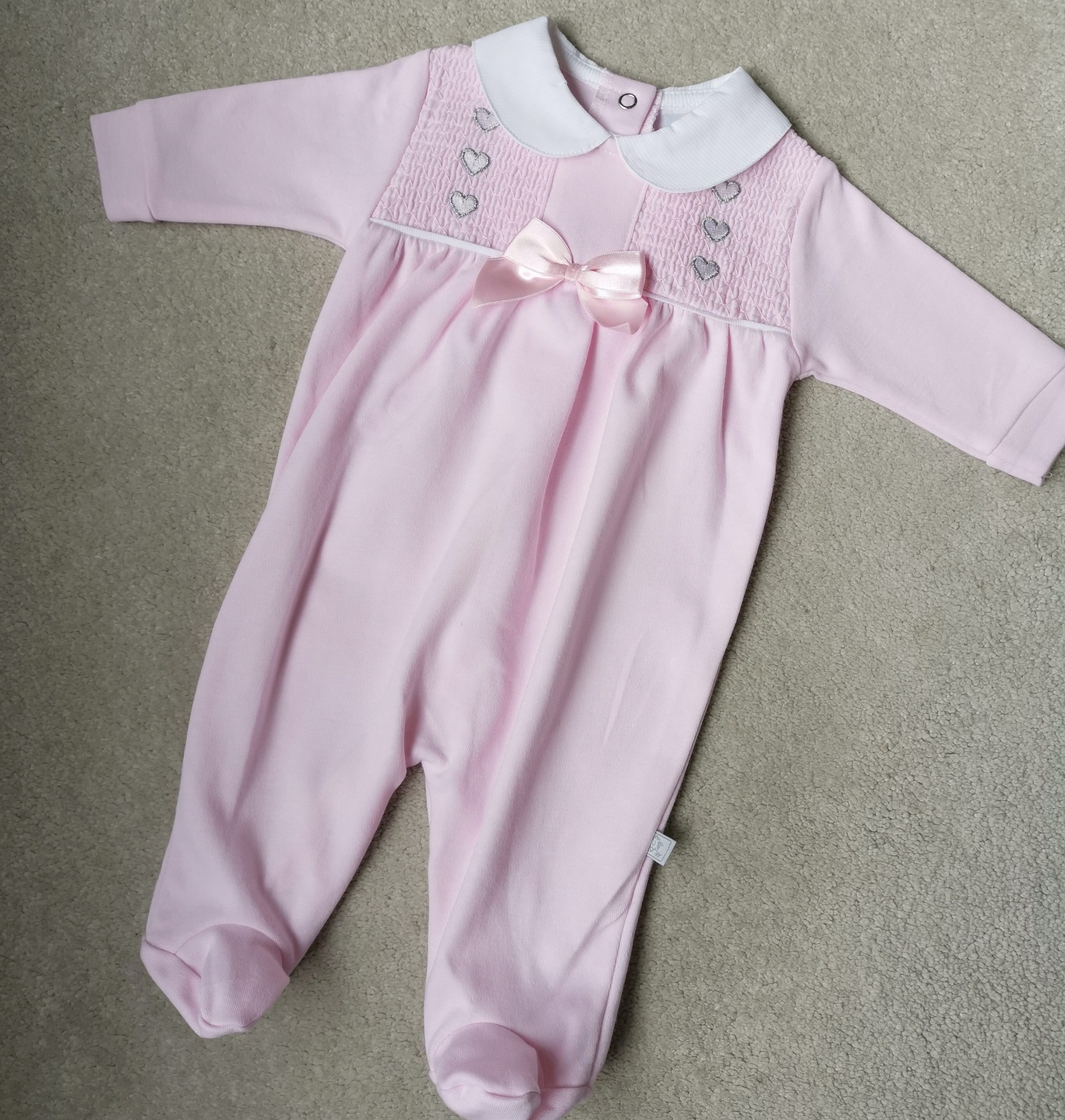 Smocked Pink Bow Sleepsuit - Tiny Toes Baby Boutique Trowbridge