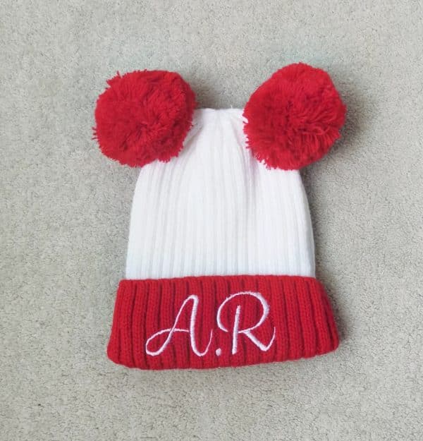 Personalised Contrast Double Pom Hats, Tiny Toes Baby Boutique Trowbridge